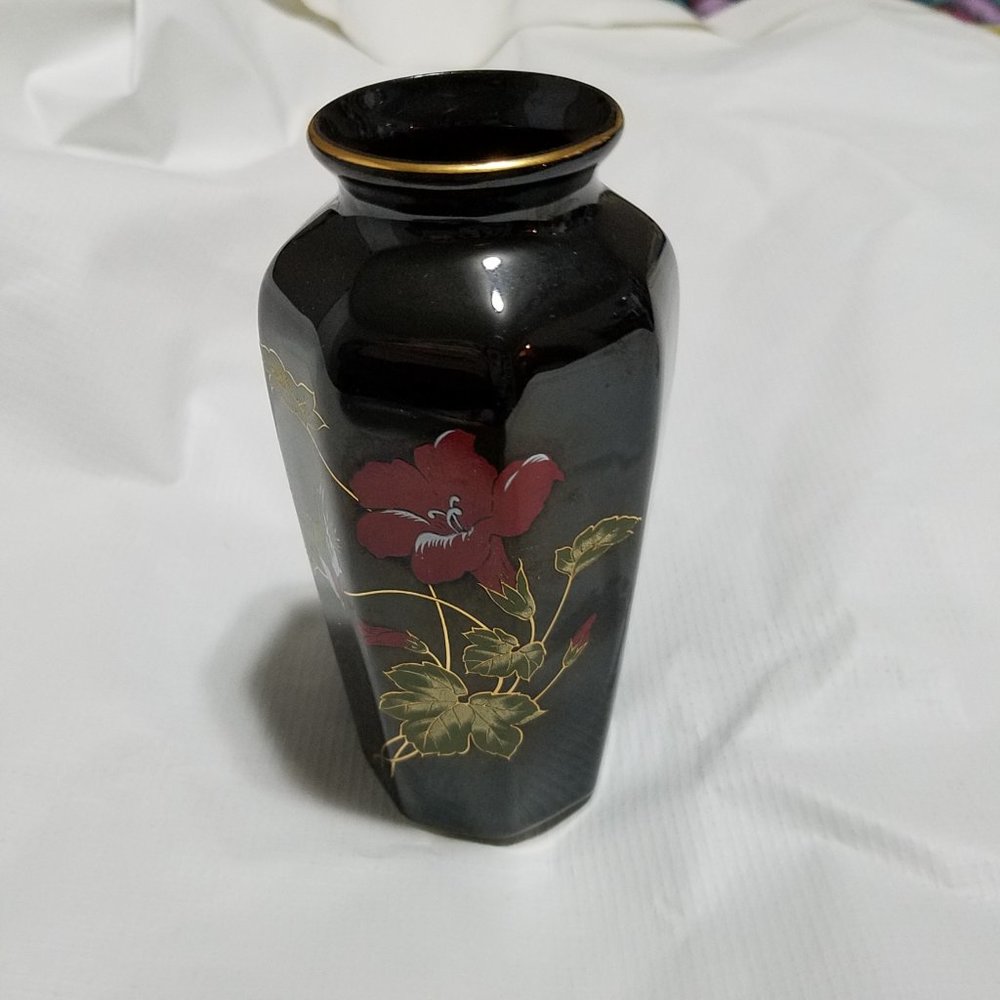 VTG Fine China Japan Hand Painted Black Red Poppy Floral Birds 6" Porcelain Vase